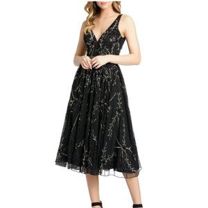 MAC DUGGAL BEADED TULLE BACK FIT & FLARE MIDI BLACK DRESS sz 12